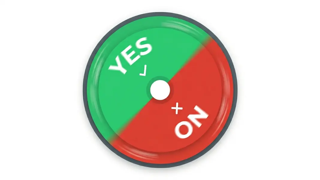 A yes or no wheel spinner showing two equal segments, one labeled Yes in green and one labeled No in red, mid-spin with motion blur on the wheel edges